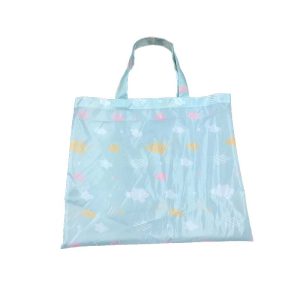 Front view of light blue 210D sublimation tote bag with clouds and stars pattern