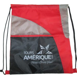 Custom printed nylon drawstring bag with red and grey color block design