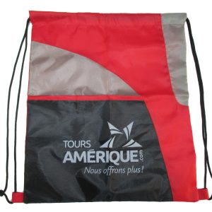 Red black color-block cinch bag with silver logo print front angle