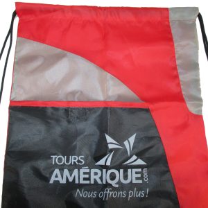 Top red and grey color block detail on custom drawstring backpack