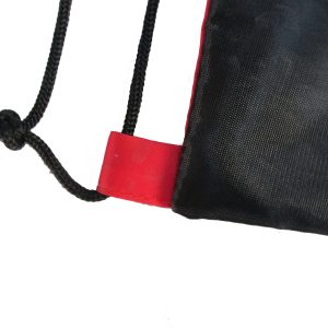 Bottom corner reinforced red fabric loop with black drawstring knot detail