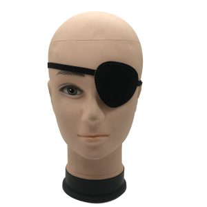 Black pirate eye patch worn by model with black elastic strap