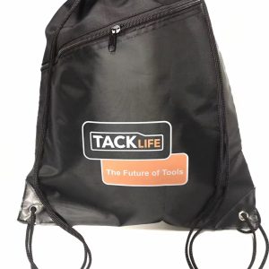 Black custom drawstring backpack with front zipper pocket and branded logo