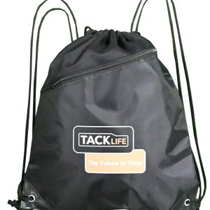 Reinforced metal grommet detail on black polyester drawstring bag corner
