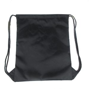 Closed front view of plain black drawstring backpack for OEM branding