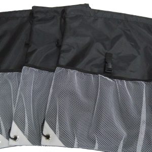 Three black sports drawstring bags with mesh pocket stacked together for display