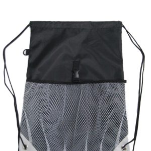 Black drawstring backpack with white mesh front pocket and plastic buckle main view