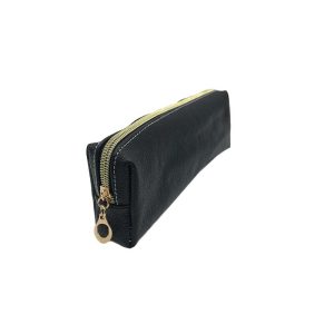 Black leather pen case with gold metal zipper and large ring pull detail