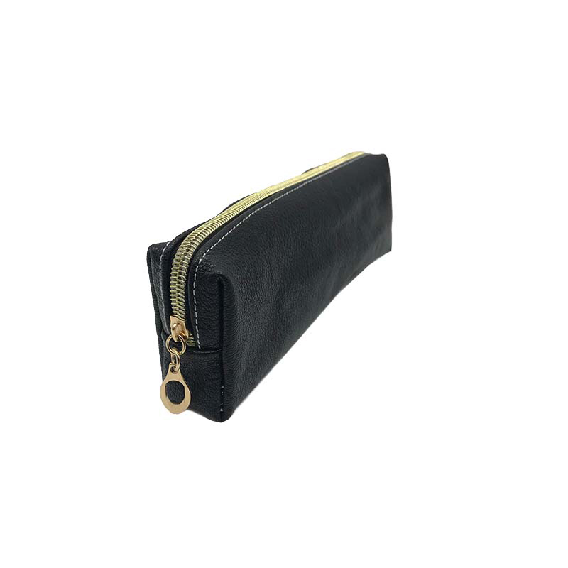 Black leather pen case with gold metal zipper and large ring pull detail