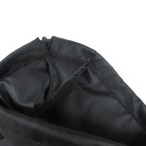 Top opening of black lined drawstring bag showing interior craftsmanship