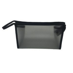 Black mesh makeup pouch side view showing side loop handle