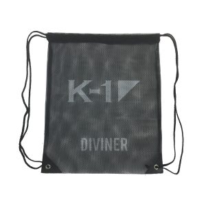 Black mesh drawstring backpack with K-1 DIVINER logo print and metal grommets
