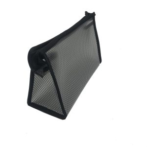 Translucent black mesh pouch angled view with metal zipper pull
