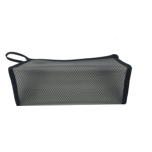 Black mesh travel organizer bag back view with smooth binding