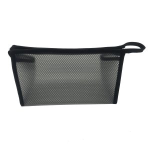 Black mesh cosmetic pouch front view with zipper closure