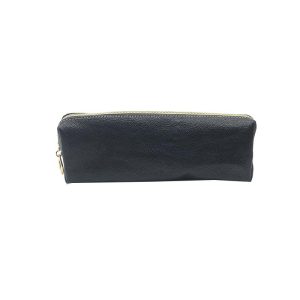 Black pebbled genuine leather pouch front view with metal zipper