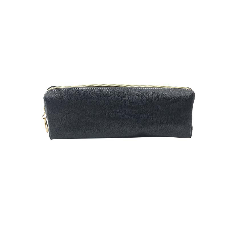 Black pebbled genuine leather pouch front view with metal zipper