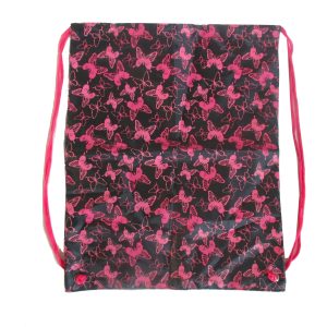 Back view of custom black and pink butterfly drawstring backpack