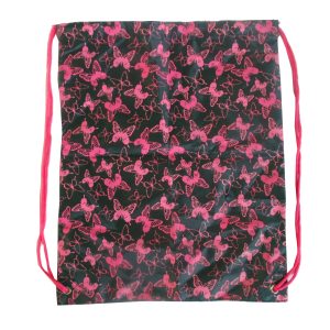 Black drawstring backpack with pink butterfly pattern front view