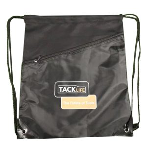 Black promotional cinch bag flat lay with custom orange brand logo print