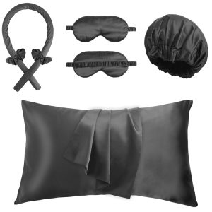 Black faux silk 5-piece sleep set with hair rod, scrunchie, bonnet, pillowcase, and eye mask