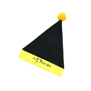 Black and yellow felt party hat angled view with custom logo