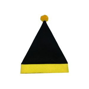 Black and yellow felt party hat angled side view