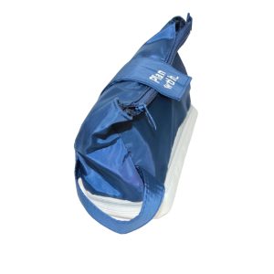 Blue nylon lunch bag with clear transparent bottom pocket and glasses inside