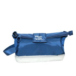 Blue lunch bag flap closure with snap button and clear bottom compartment