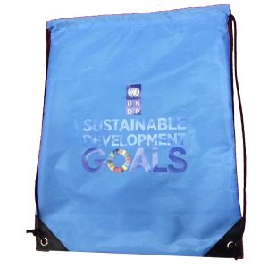 Blue polyester drawstring bag with printed sustainable development goals logo