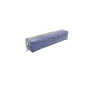 Grey-blue leather pen case with gold metal zipper angled view