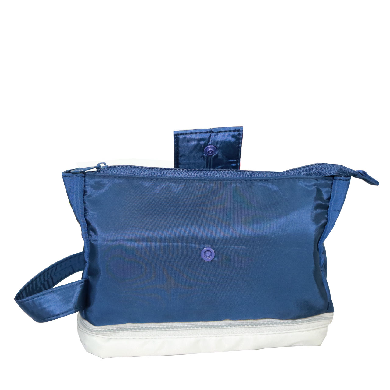 Blue nylon clear-bottom snack bag with white zipper and custom logo