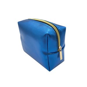 Angled view of blue toothpick texture makeup bag with metal zipper