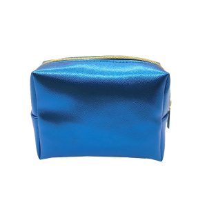 Blue metallic toothpick makeup bag back view showing structured shape