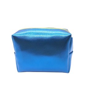 Blue metallic PU leather cosmetic pouch with gold zipper front view