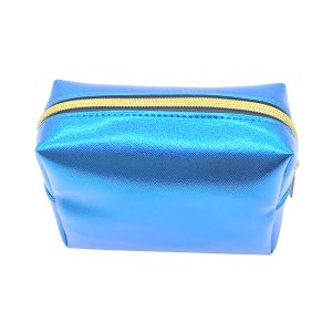 Blue metallic toothpick texture PU makeup bag front view