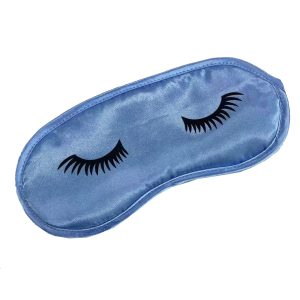 Blue satin eye mask with black eyelash print design