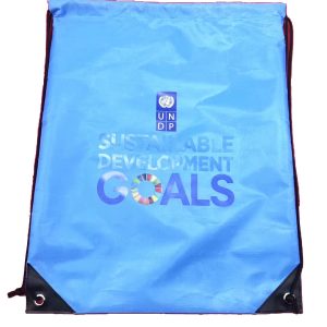 Front view of custom light blue cinch bag for promotional branding
