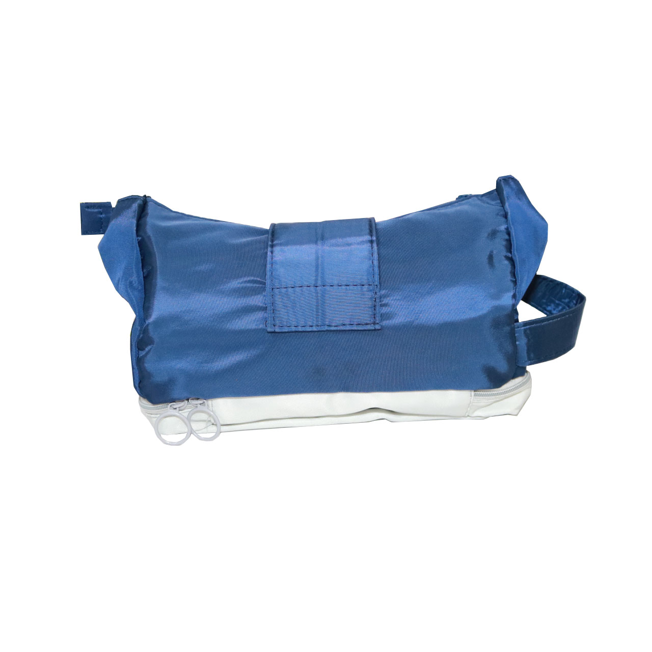 Blue and white double-layer lunch bag front view with zippers
