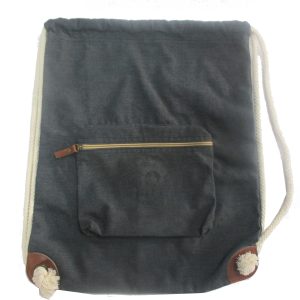 Charcoal canvas drawstring bag with front zipper pouch and white rope straps view