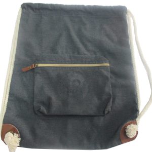 Charcoal canvas drawstring backpack with white cotton rope and front zipper pocket view