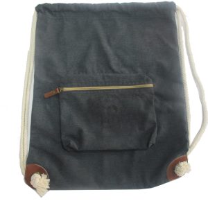 Dark gray canvas cinch bag with front pouch and leather reinforced corners view