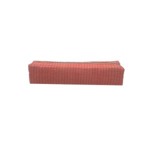 Coral plaid pencil case back view showing structured base