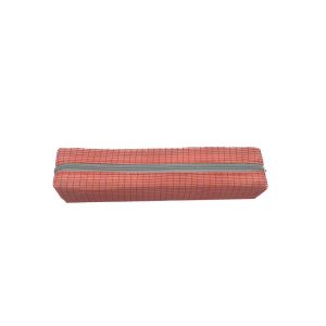 Coral plaid woven pencil case front view with grey zipper