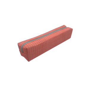 Coral plaid cosmetic brush pouch angled view
