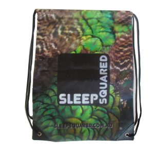 Custom full-print green feather pattern drawstring backpack with SLEEP SQUARED logo