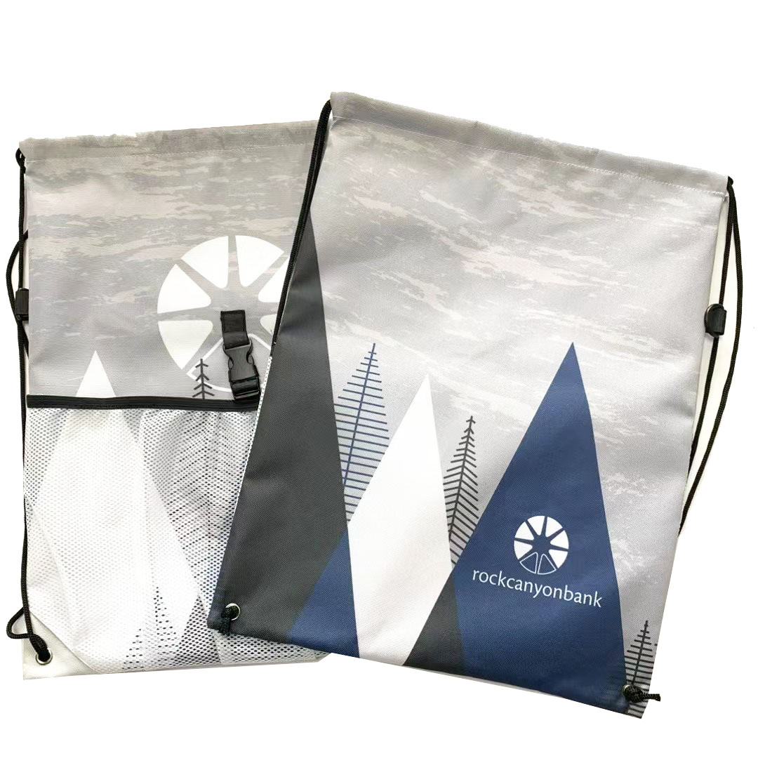 Custom brand logo drawstring bag showing front and back views of the print