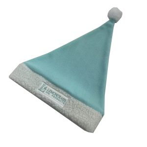Custom teal Santa hat with Lemongrass Spa Products embroidered label side view
