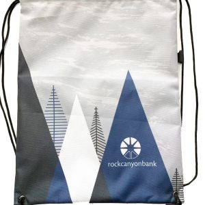 Custom printed drawstring backpack with blue mountain and tree graphic design