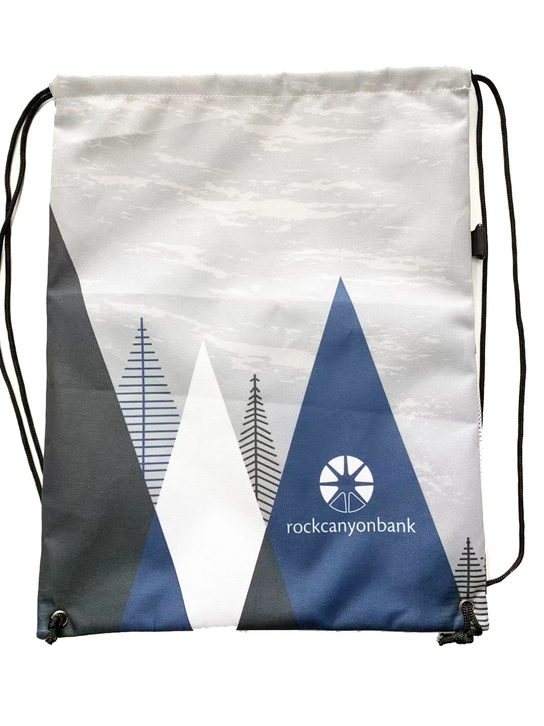 Custom printed drawstring backpack with blue mountain and tree graphic design
